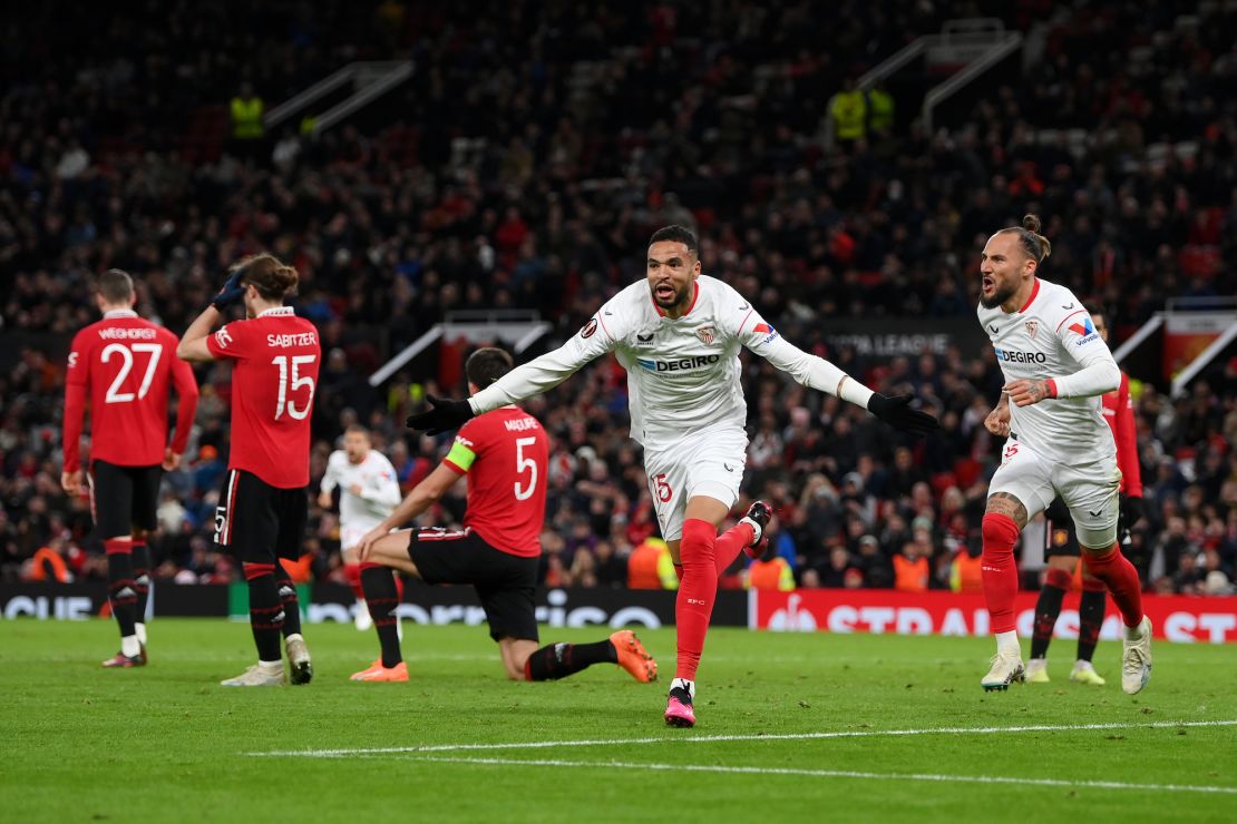 Yousseff En-Nesyri celebrates after his deflected header gave Sevilla the equalizer.