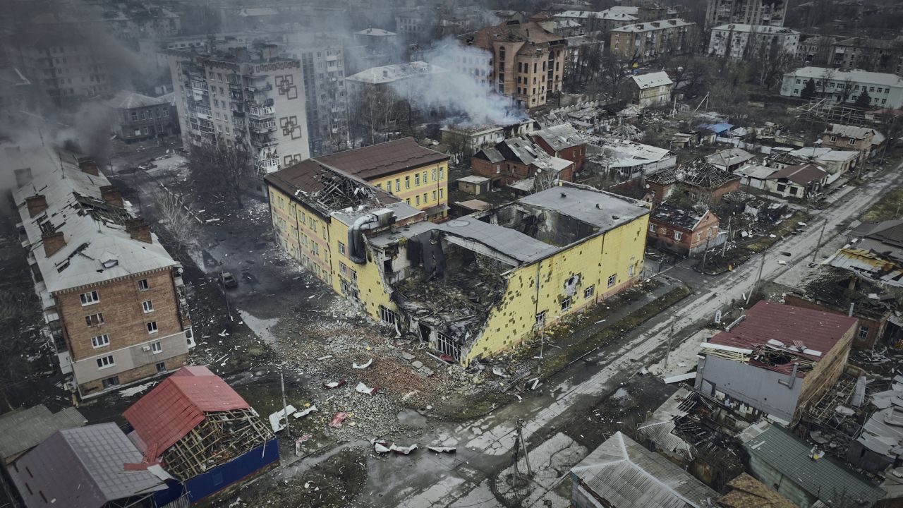 An aerial view of Bakhmut, the epicenter of heavy battles with Russian troops in the Donetsk region, Ukraine, on March 26, 2023. 