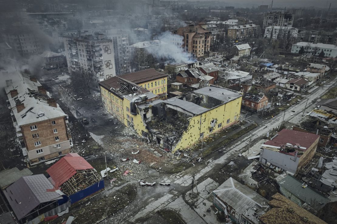 An aerial view of Bakhmut, the epicenter of heavy battles with Russian troops in the Donetsk region, Ukraine, on March 26, 2023. 