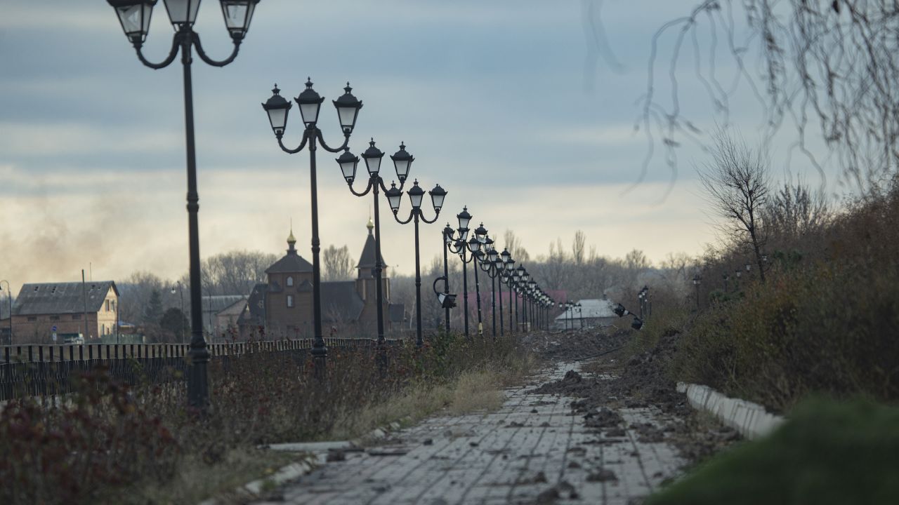 A damaged park avenue in Bakhmut on December 3, 2022. In decades past, the city was known for its pretty riverside and gardens.