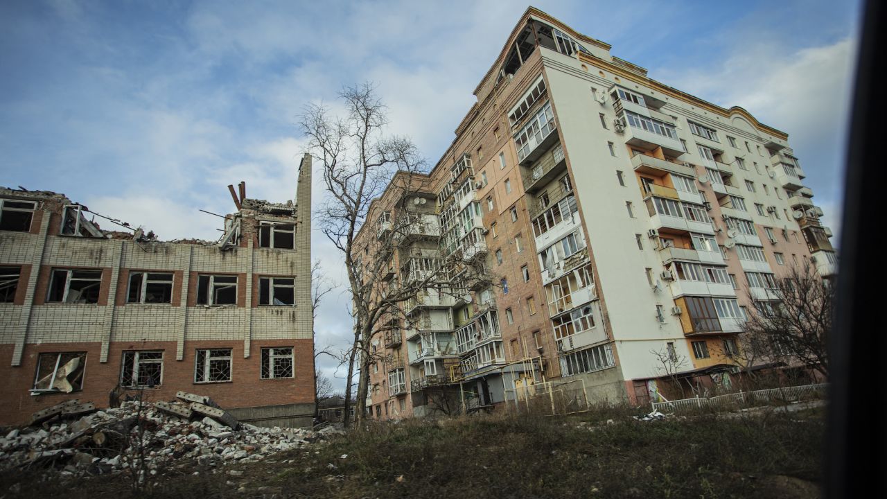 A Bakhmut school building ruined by a Russian missile on December 3, 2022. Almost all of the children have now left the scorched city. 