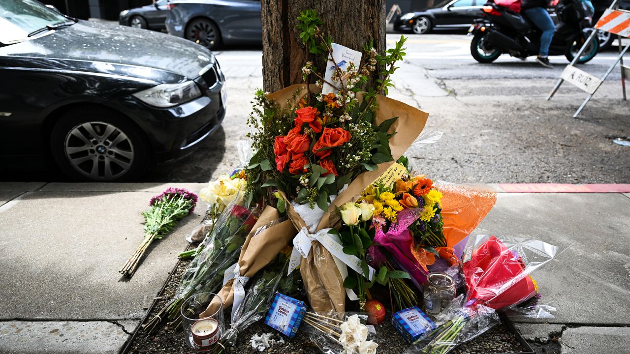 Flowers and cards left as people paying tribute to Bob Lee near the Portside apartment building in San Francisco, California, United States on April 7, 2023. Bob Lee, the American technology entrepreneur who cofounded Cash App, the mobile payment service provider, was stabbed to death in the US city of San Francisco on Wednesday. 