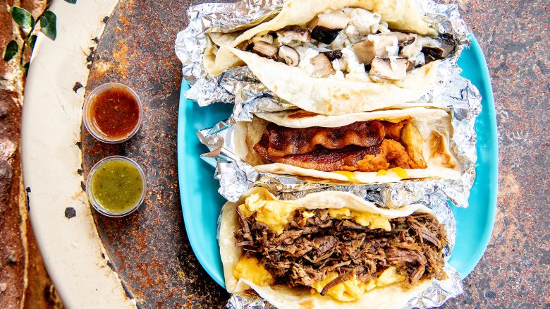 LOS ANGELES, CA - OCTOBER 20: Breakfast tacos from HomeState including (from bottom up) Pecos, Dont Mess with Texas and Blanco taken on the outside patio at HomeState on Tuesday, Oct. 20, 2020 in Los Angeles, CA.  (Mariah Tauger / Los Angeles Times via Getty Images)