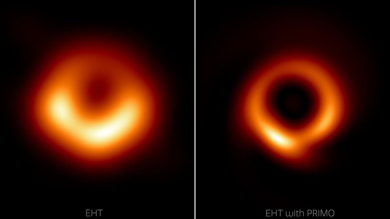 Machine learning technology was used to enhance the Event Horizon Telescope Collaboration's image (left) of the supermassive black hole at the center of the galaxy Messier 87 and produce a sharper image.