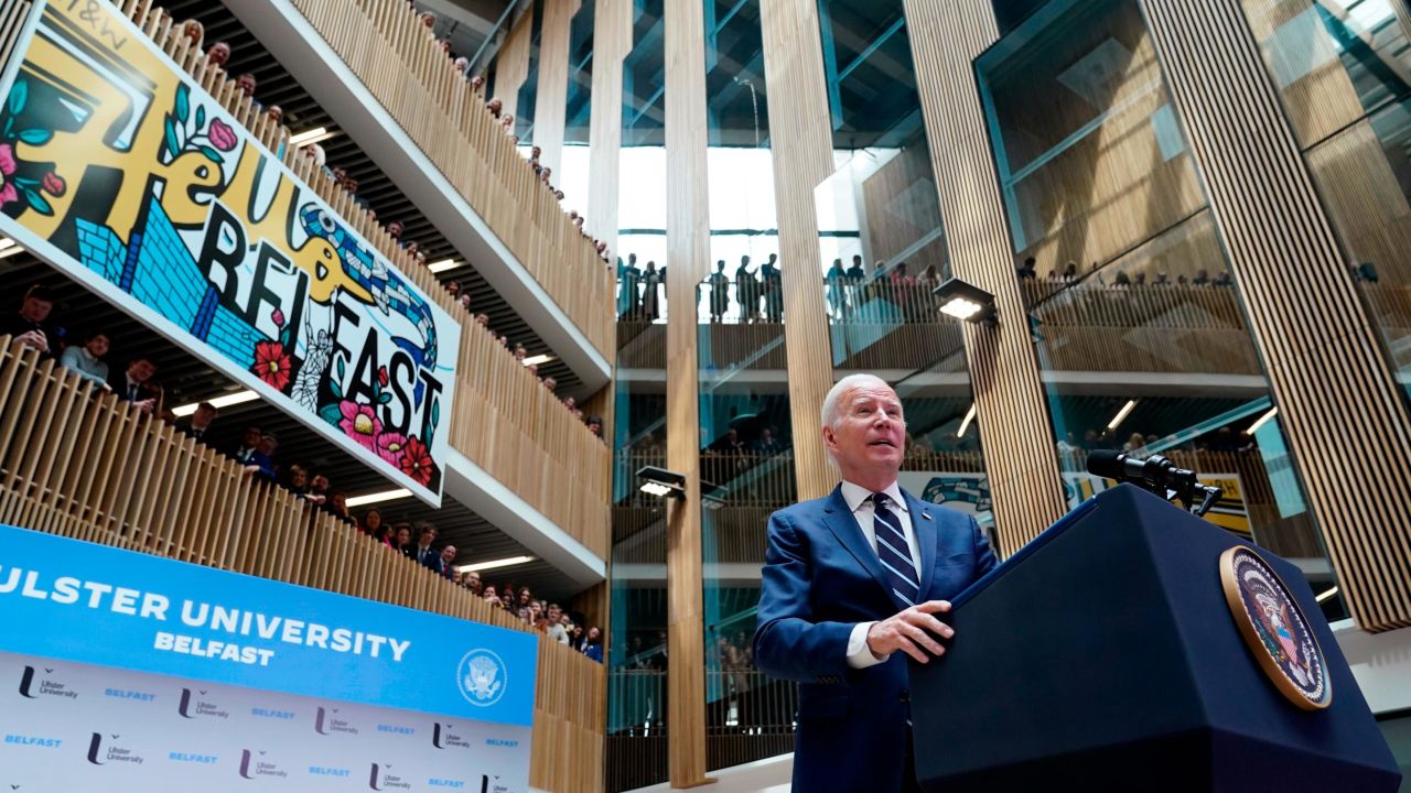 President Joe Biden speaks at Ulster University in Belfast, Northern Ireland, and April 12, 2023.