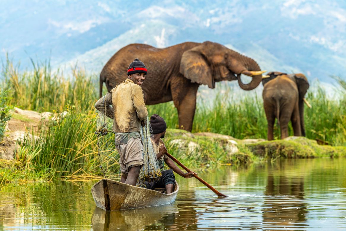 In 2016, Onyango launched the media platform <a href="https://www.tonywild.co.ke/" target="_blank" target="_blank">TonyWild</a> to "empower young conservation leaders" through photography, film and science. While on assignment for Save the Elephants, Onyango captured this reaction of fishermen passing a group of elephants along the shores of Lake Jipe in southern Kenya. He says the interaction is an example of how humans can coexist with wildlife in the country.
