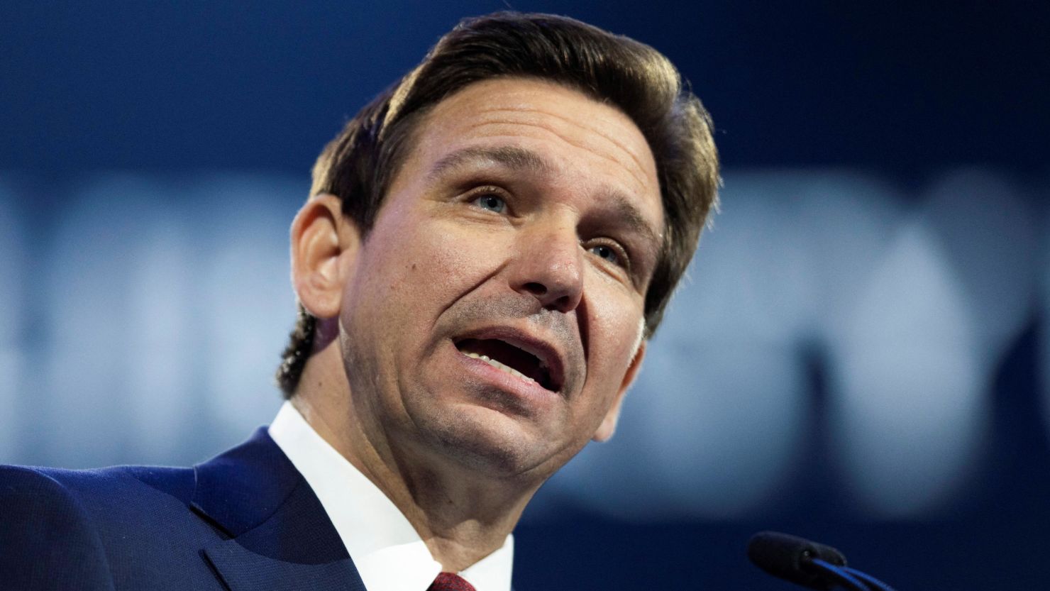Florida Gov. Ron DeSantis addresses a university convocation at Liberty University, founded by Baptist minister Jerry Falwell Sr. as "an accredited Christian university for evangelical believers," in Lynchburg, Virginia, on April 14, 2023.