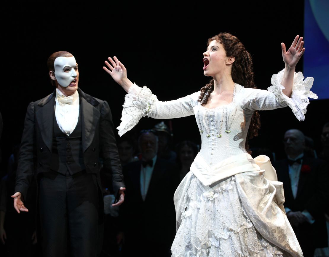 Hugh Panaro and Sierra Boggess during the "Phantom of the Opera - 25 Years on Broadway" gala performance curtain call celebration at the Majestic Theatre in New York City on January 26, 2013.