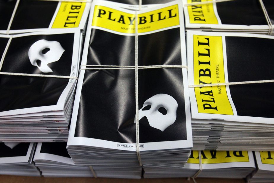 "Phantom" is featured on a stack of Playbill magazines in 2008. The show opened 20 years prior and won seven Tony Awards.