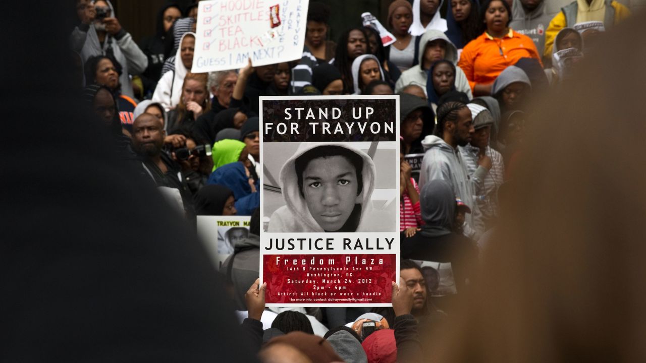 Protesters demand justice for Trayvon Martin, an unarmed Black teenager shot to death in Florida in 2012 by a White member of a neighborhood watch group.