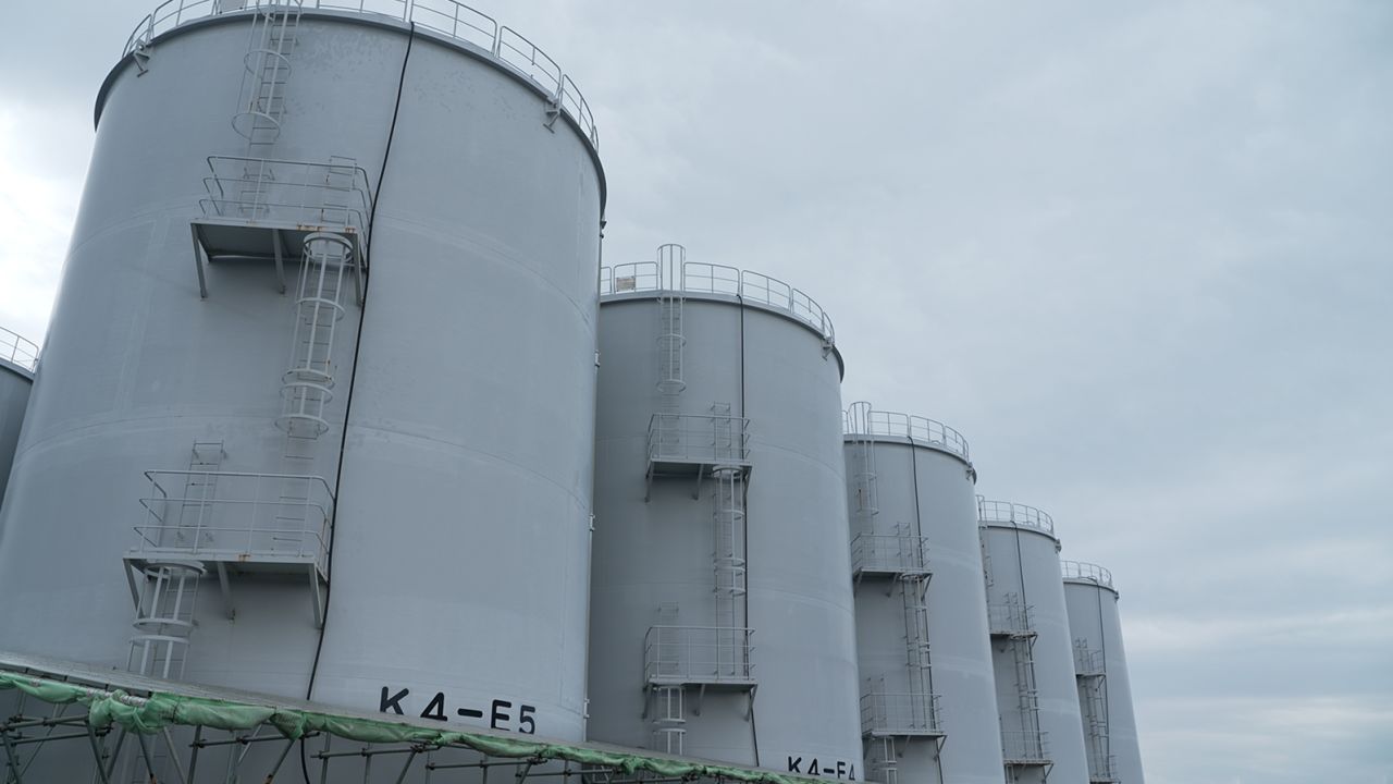 The ALPS-treated water is stored in these towering tanks. Picture taken in Okuma of Fukushima prefecture on April 12, 2023.