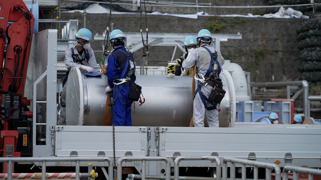 Construction workers assemble an undersea tunnel through which TEPCO plans to release treated wastewater into the sea, in Fukushima prefecture on April 12, 2023.