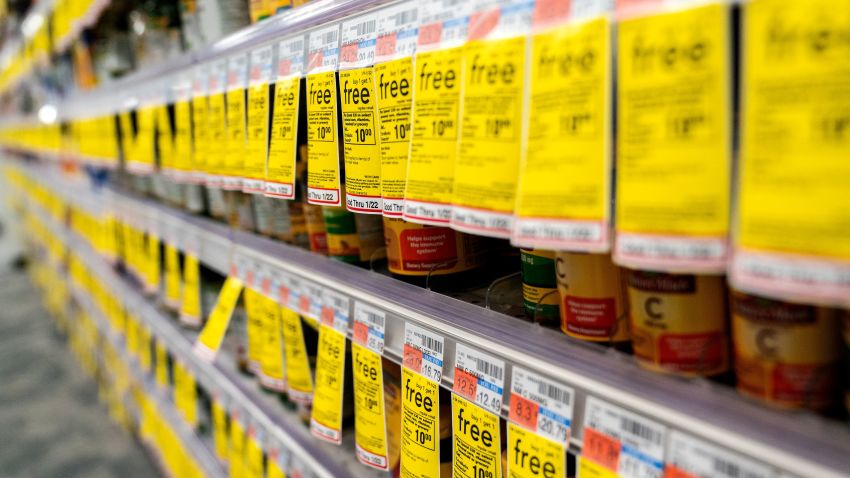 Sale stickers are displayed on shelves at a supermarket in Washington, DC, on January 12, 2022. - The seven percent increase in the Labor Department's consumer price index (CPI) over the 12 months to December was the highest since June 1982, as prices rose for an array of goods especially housing, cars and food. (Photo by Stefani Reynolds / AFP) (Photo by STEFANI REYNOLDS/AFP via Getty Images)