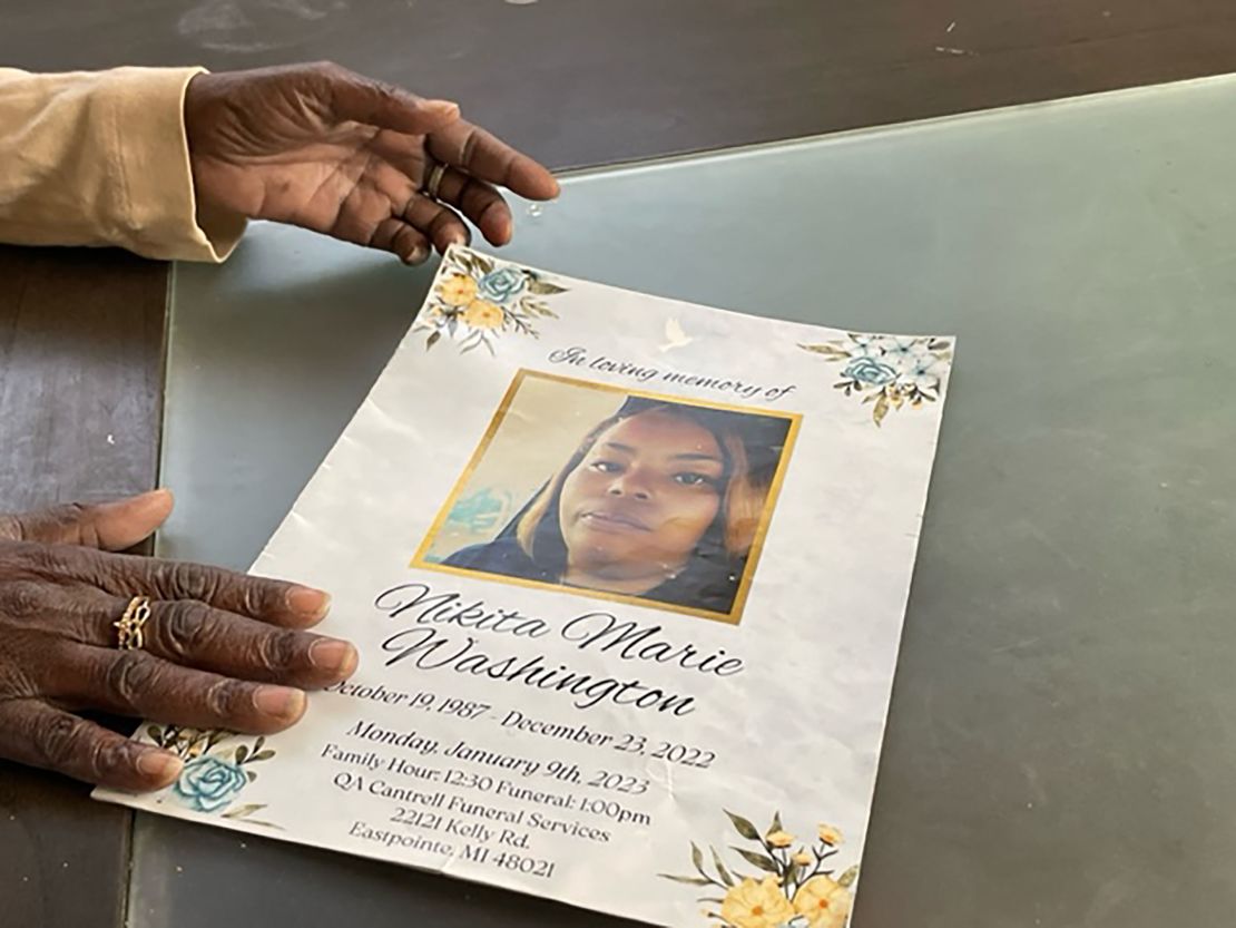 Patricia Pouncey holds a flyer with service information for her late daughter, Nikita Washington, on April 14, 2023.