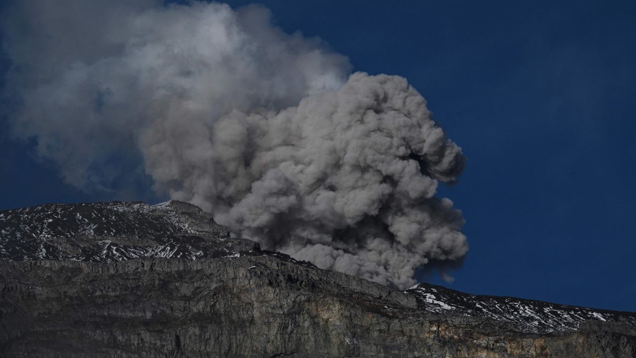 The Nevado del Ruiz volcano emits a cloud of ash in Murillo, Tolima Department, Colombia on April 7, 2023. 