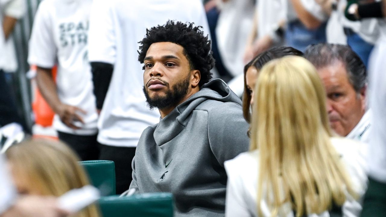 Miles Bridges watches a game at his alma mater, Michigan State, in February.