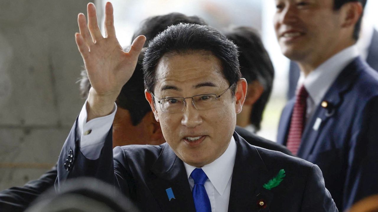 Japanese Prime Minister Fumio Kishida at Saikazaki fishing port in Wakayama, south-western Japan, on April 15, 2023.