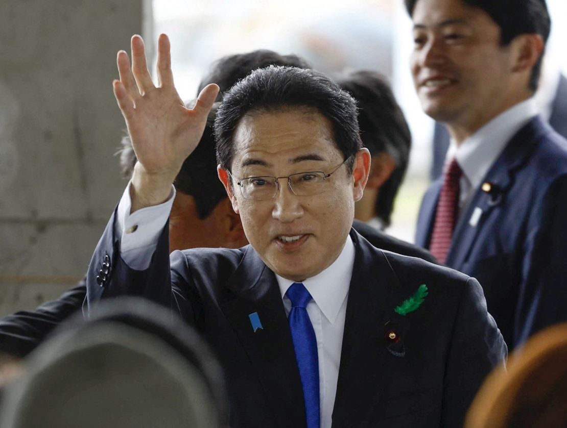 Japanese Prime Minister Fumio Kishida at Saikazaki fishing port in Wakayama, south-western Japan, on April 15, 2023.