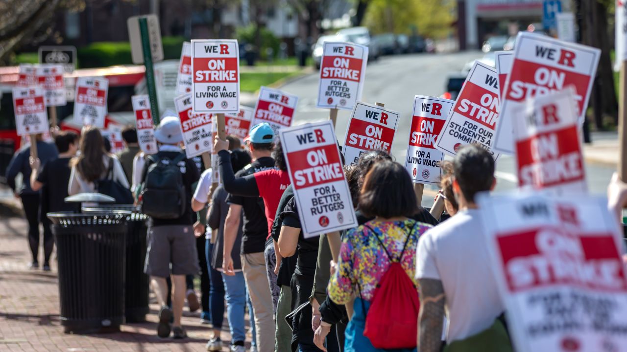 Rutgers students and faculty participate in a strike at the university's main campus in New Brunswick, New Jersey.