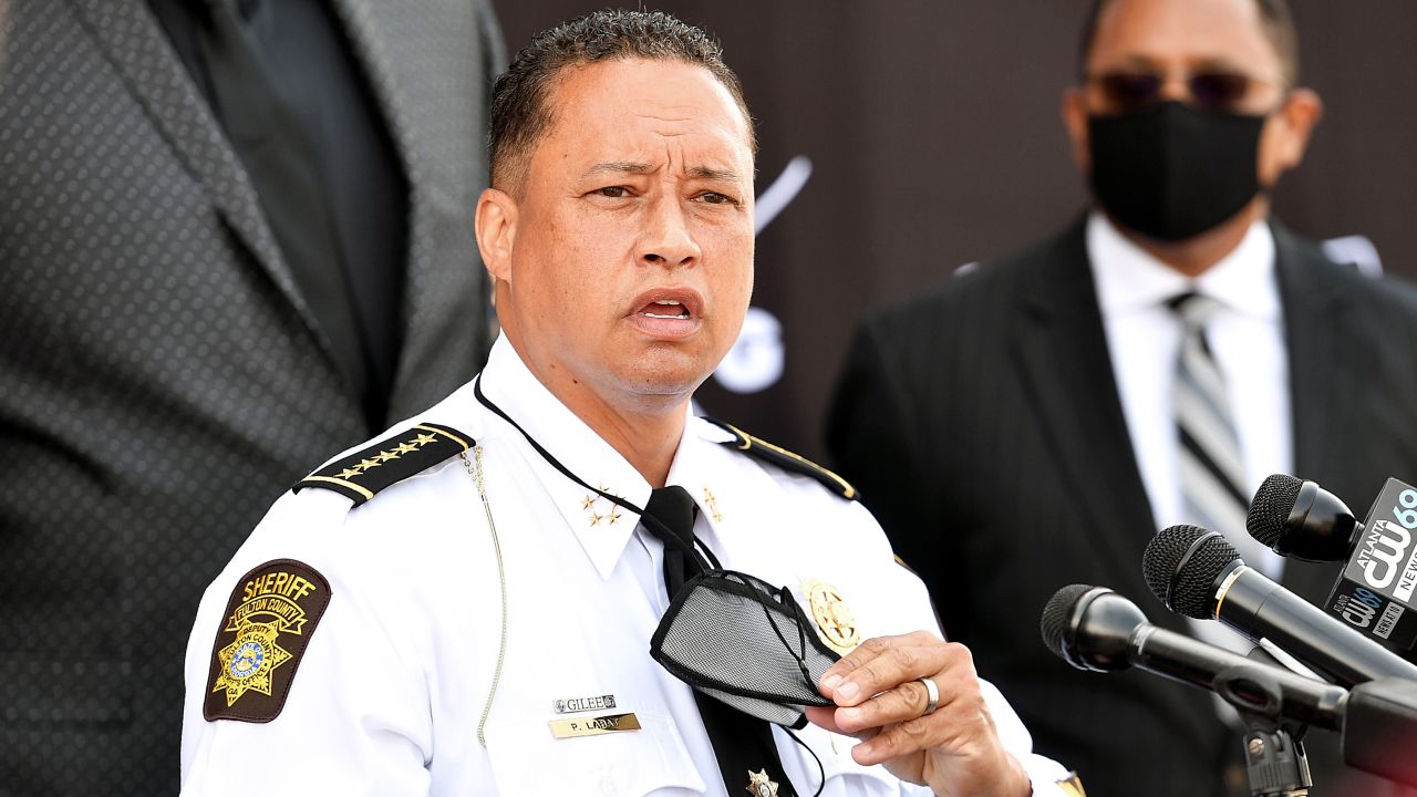 Fulton County Sheriff Patrick "Pat" Labat speaks during Pepsi Stronger Together and CTG Foundation Atlanta Law Enforcement Press Conference on April 7, 2021, in McDonough, Georgia.
