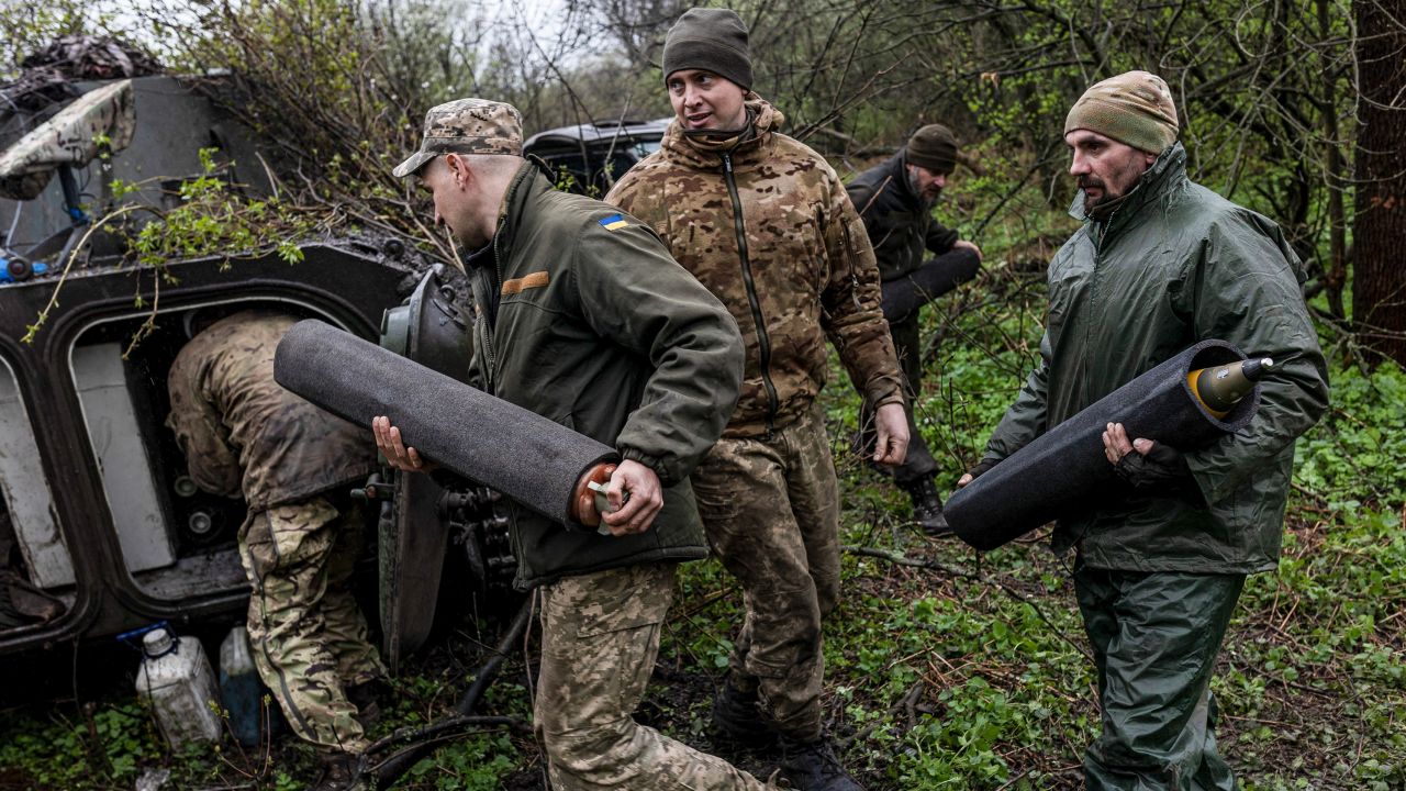 Ukrainian soldiers load ammunition into the 2s9 artillery vehicle in the direction of Avdivka in Donetsk Oblast, Ukraine, on April 14, 2023. 