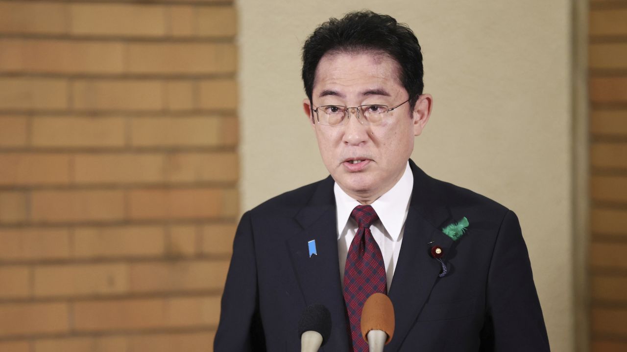 Japanese Prime Minister Fumio Kishida speaks to media at the prime minister's residence in Tokyo on April 16, 2023. 