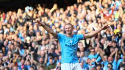 Erling Haaland of Manchester City celebrates scoring a goal to make it 3-0 during the Premier League match between Manchester City and Leicester City at Etihad Stadium on April 15, 2023 in Manchester, England. 