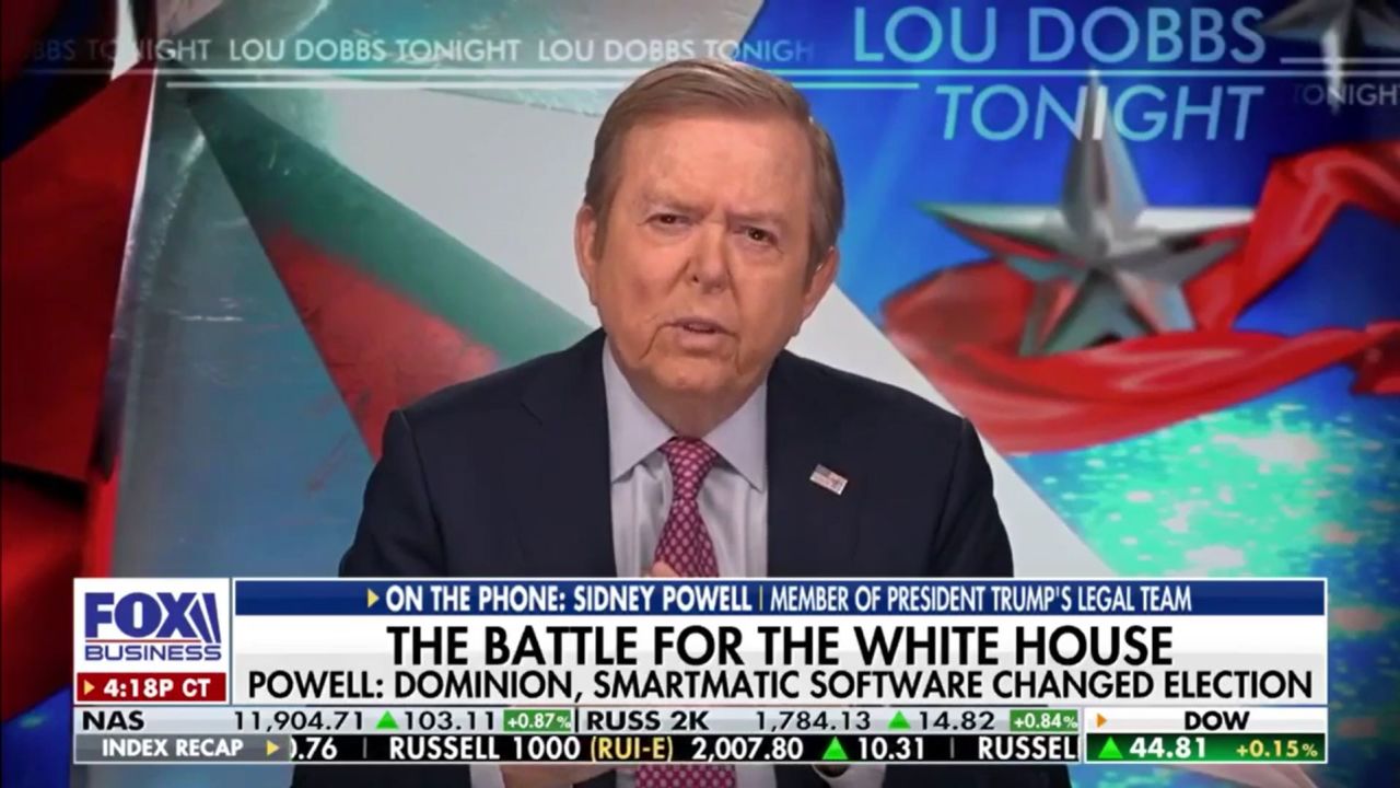Fox Business host Lou Dobbs conducts a phone interview with pro-Trump lawyer Sidney Powell during the November 19, 2020, edition of "Lou Dobbs Tonight."