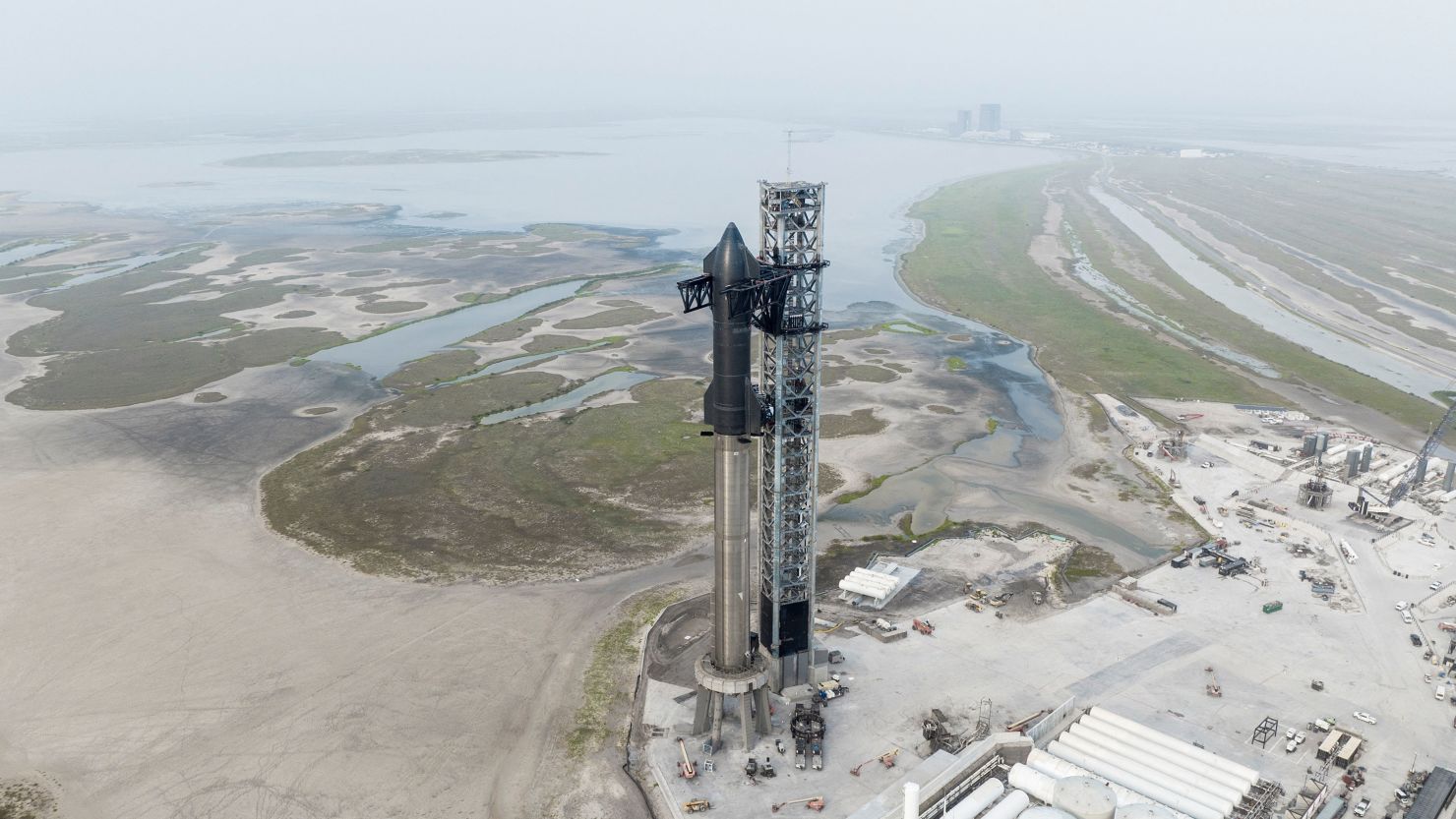 SpaceX's Starship is seen on its launchpad near Brownsville, Texas.