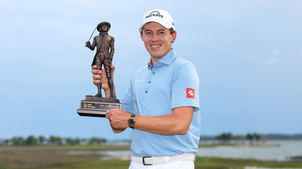 Matt Fitzpatrick celebrates with the trophy after winning in a playoff during the final round of the RBC Heritage at Harbour Town Golf Links.
