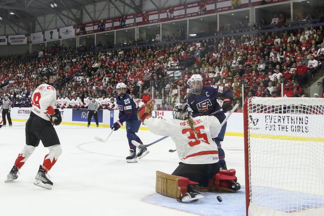 Hilary Knight celebrates her hat-trick goal during the gold medal game.