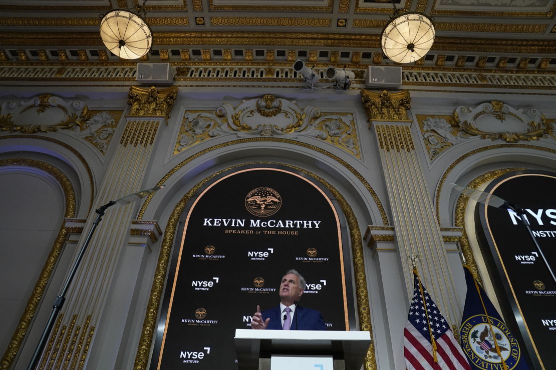 US House Speaker Kevin McCarthy delivers a speech on the economy at the New York Stock Exchange on April 17, 2023.