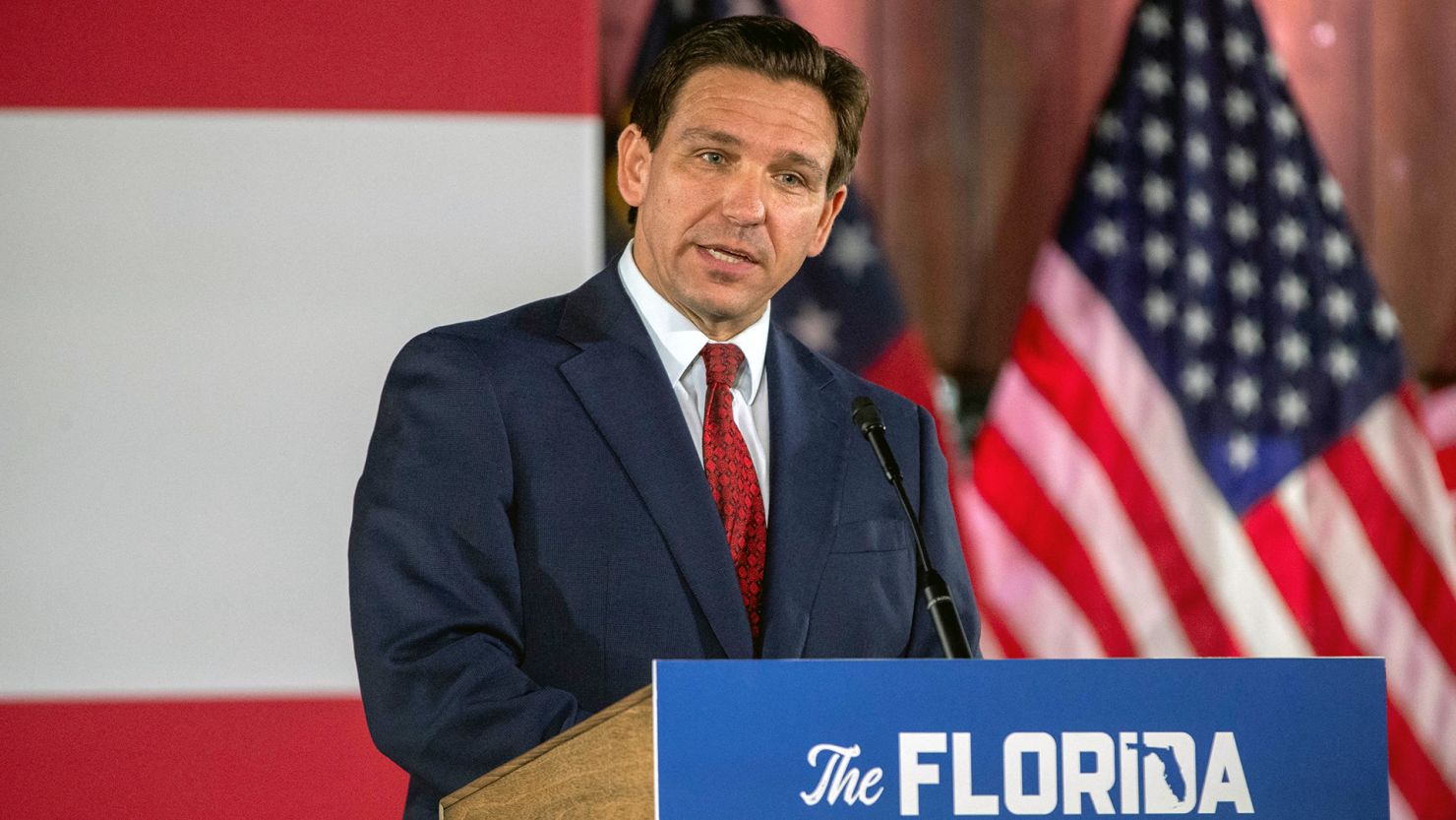 Florida Governor Ron DeSantis speaks during a book tour visit at Adventure Outdoors gun shop in Smyrna, Georgia, on March 30.