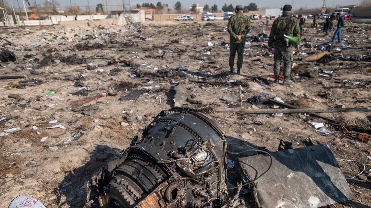 A piece of wreckage from the Ukrainian flight PS752 International airlines is seen at the site of a crash about 50km south of Tehran. 