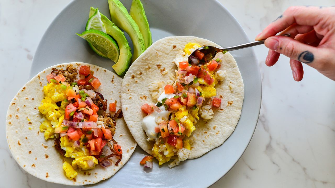 Eggs and tortillas pair well in the morning to make breakfast tacos or burritos.