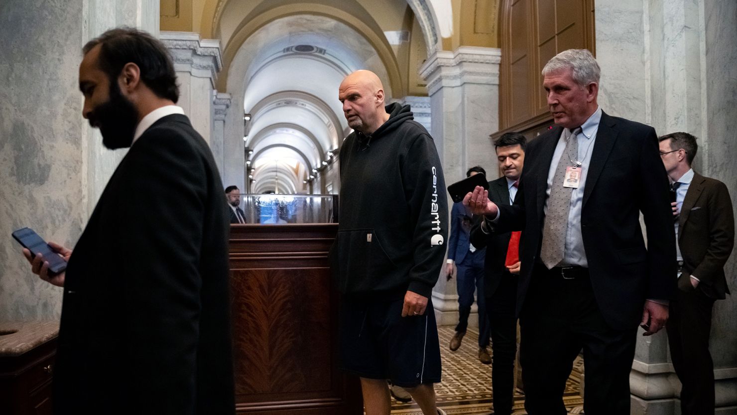 Senator John Fetterman arrives at the U.S. Capitol after hospitalization for depression in Washington, D.C. on Monday, April 17.