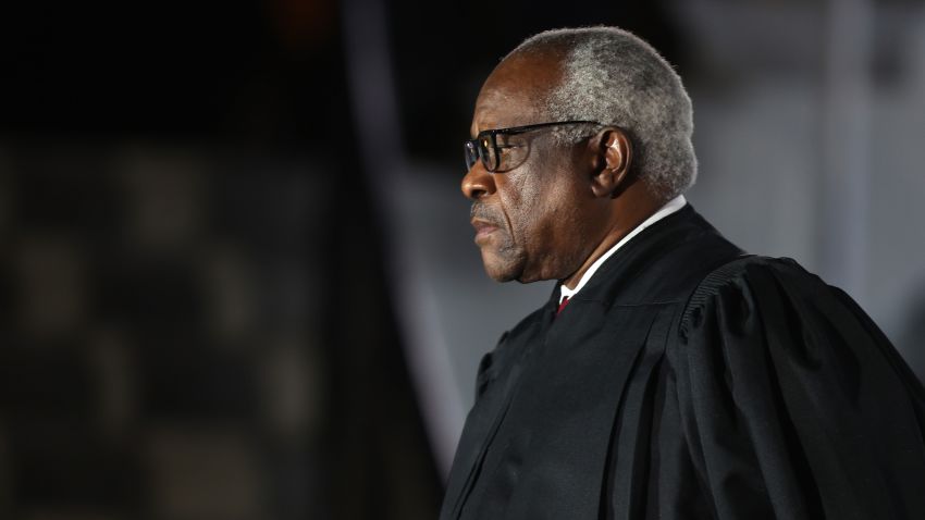 WASHINGTON, DC - OCTOBER 26: Supreme Court Associate Justice Clarence Thomas attends the ceremonial swearing-in ceremony for Amy Coney Barrett to be the U.S. Supreme Court Associate Justice on the South Lawn of the White House October 26, 2020 in Washington, DC. The Senate confirmed Barrett's nomination to the Supreme Court today by a vote of 52-48. (Photo by Tasos Katopodis/Getty Images)
