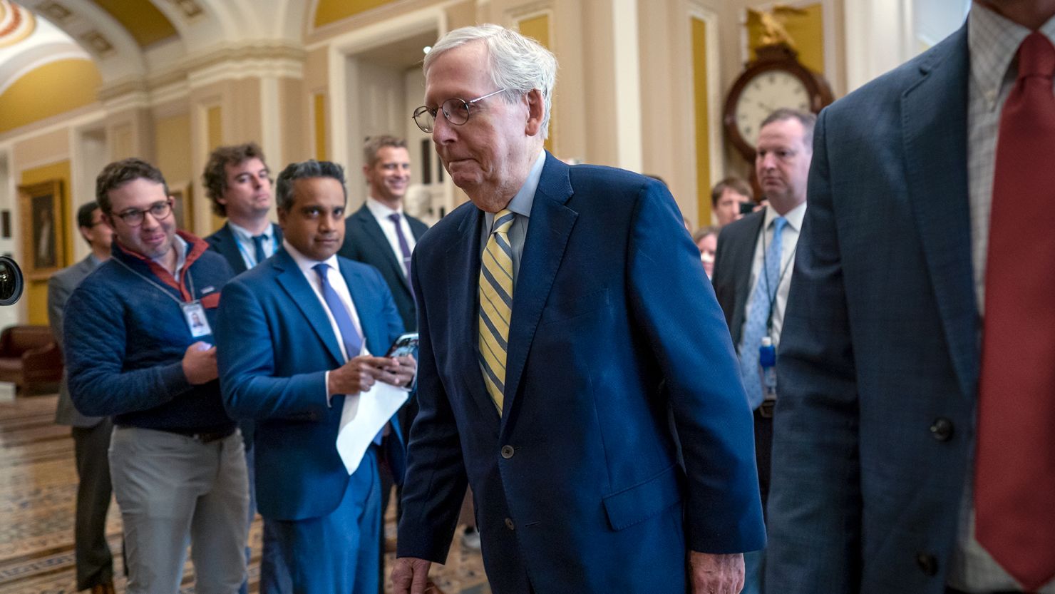 Senate Minority Leader Mitch McConnell returns to the chamber almost six weeks after a fall that left him with a rib fracture and concussion, at the Capitol in Washington, Monday, April 17.