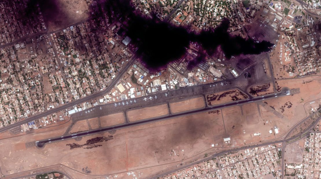 Satellite imagery of the smoke plume at Khartoum International Airport on Sunday.