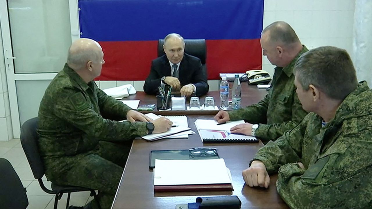 Russian President Vladimir Putin visits the headquarters of the "Dnieper" army group in the Kherson Region on Tuesday, as Moscow's forces combat low morale and dwindling ammunition stocks.