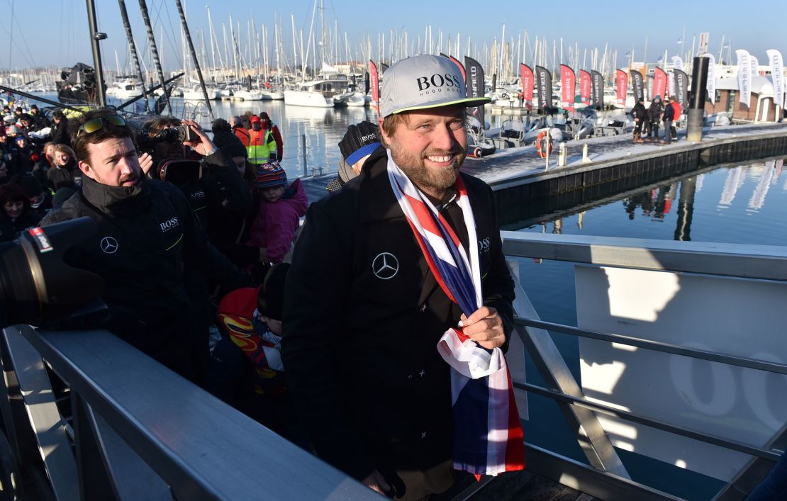 Thomson celebrates finishing second at the Vendée Globe in January 2017, a few hours after French sailor Armel Le Cléac'h.