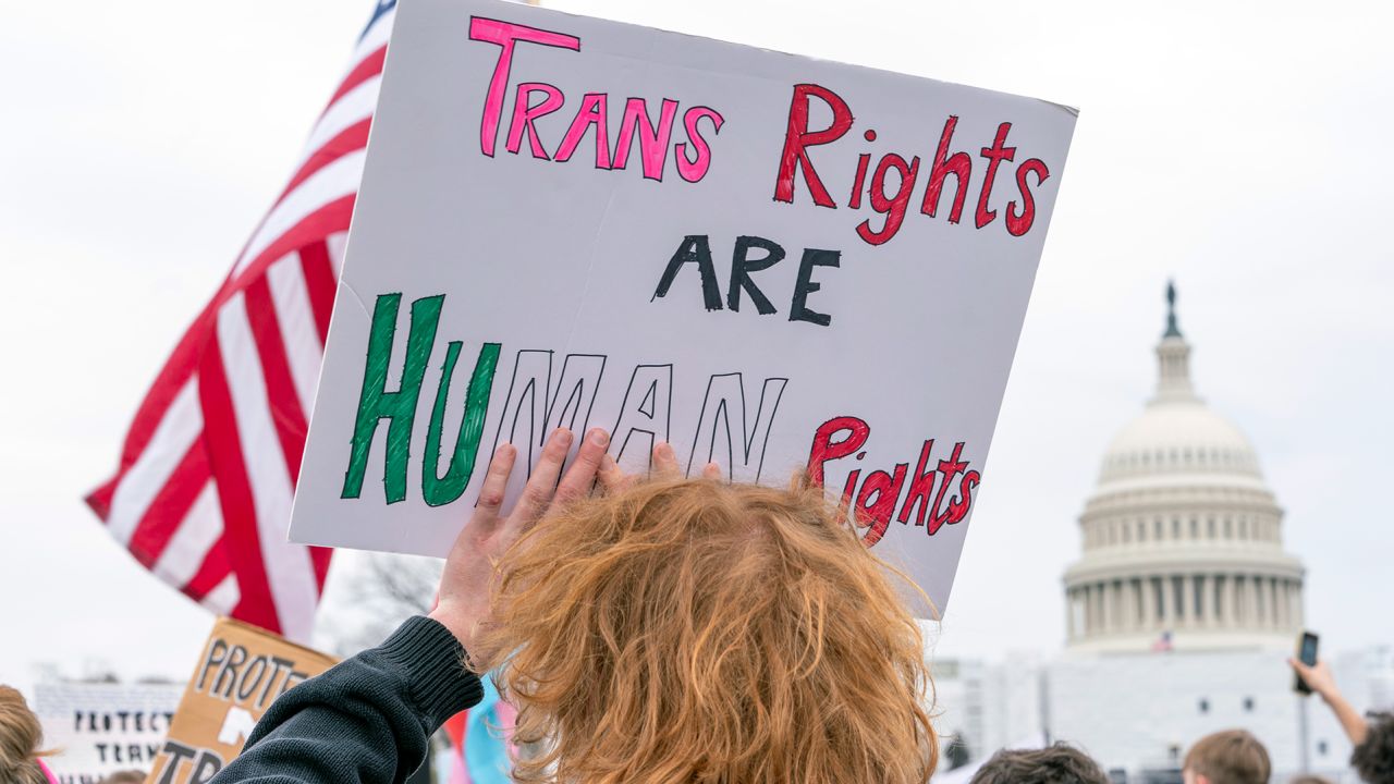 People attend a rally as part of a Transgender Day of Visibility on March 31 in Washington, DC.