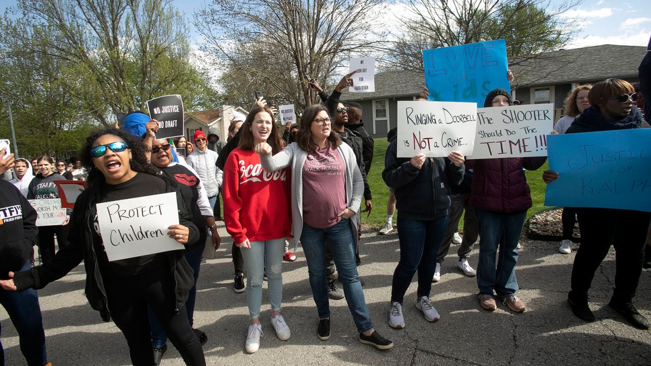 Protestors march Sunday, April 16, 2023, in Kansas City.