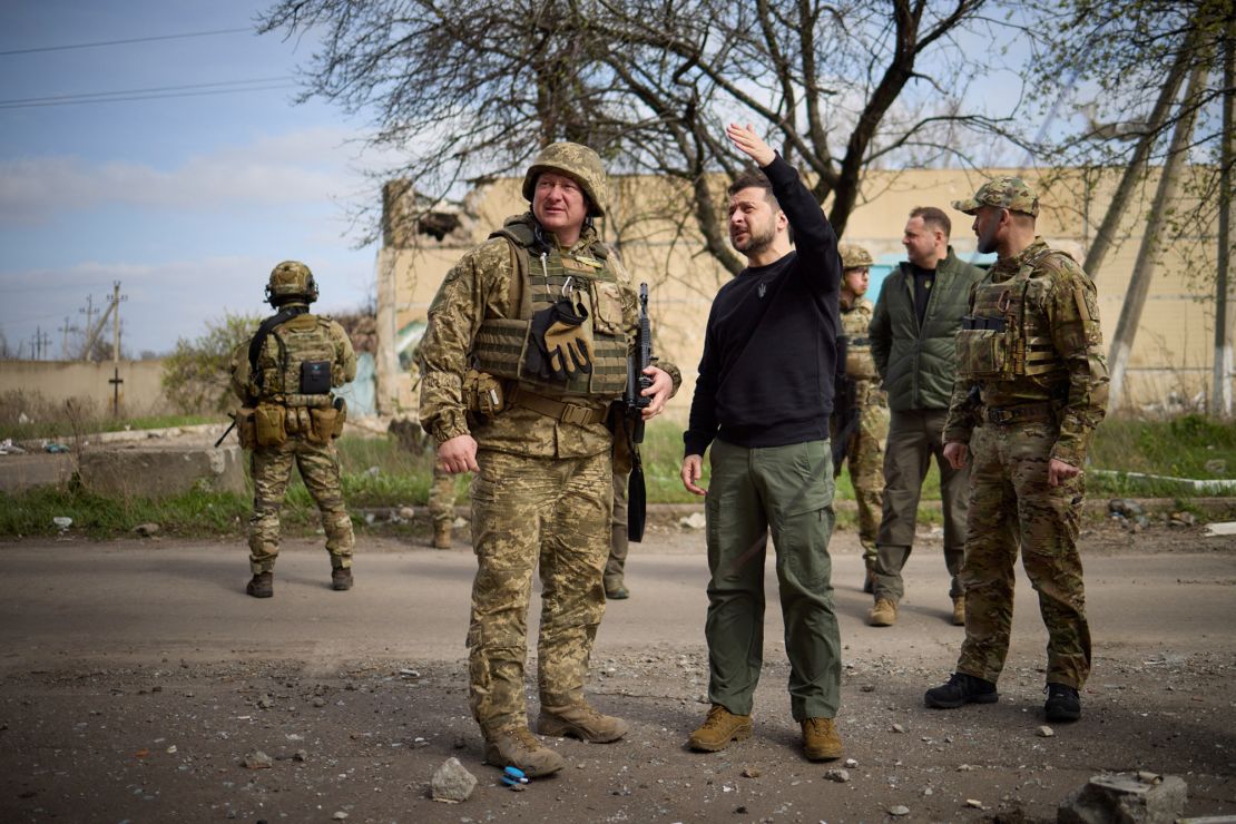 President Volodymyr Zelensky (right) visits at the frontline in Avdiivka in eastern Ukraine, on Tuesday.