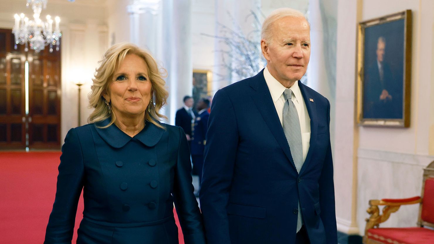 President Joe Biden and first lady Jill Biden arrive for a ceremony honoring the recipients of the 2021 National Humanities Medals and the 2021 National Medals of Arts in the East Room of the White House on March 21, 2023.