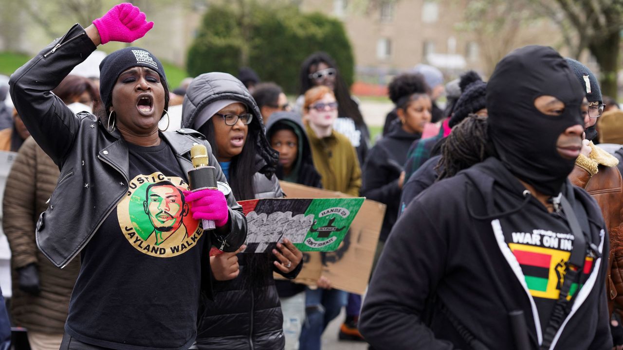 Demonstrators protest a day after a grand jury decided against indicting police officers involved in the fatal shooting of Jayland Walker, in Akron, Ohio, on April 18, 2023. 