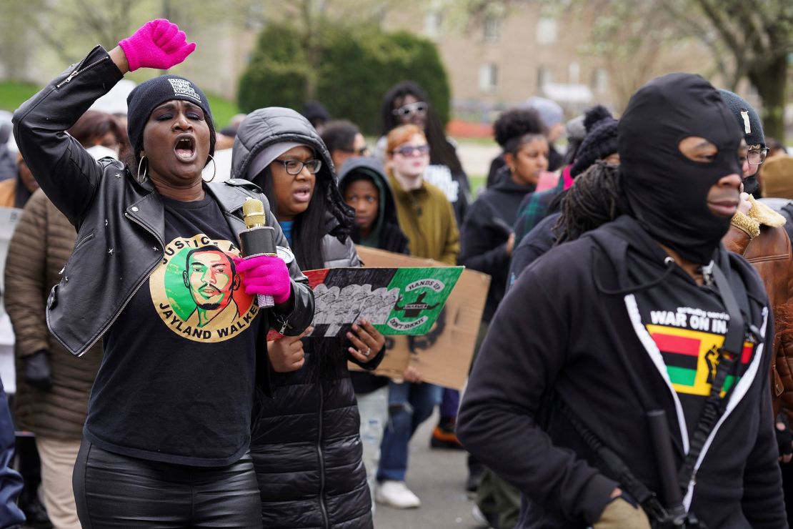 Demonstrators protest a day after a grand jury decided against indicting police officers involved in the fatal shooting of Jayland Walker, in Akron, Ohio, on April 18, 2023. 