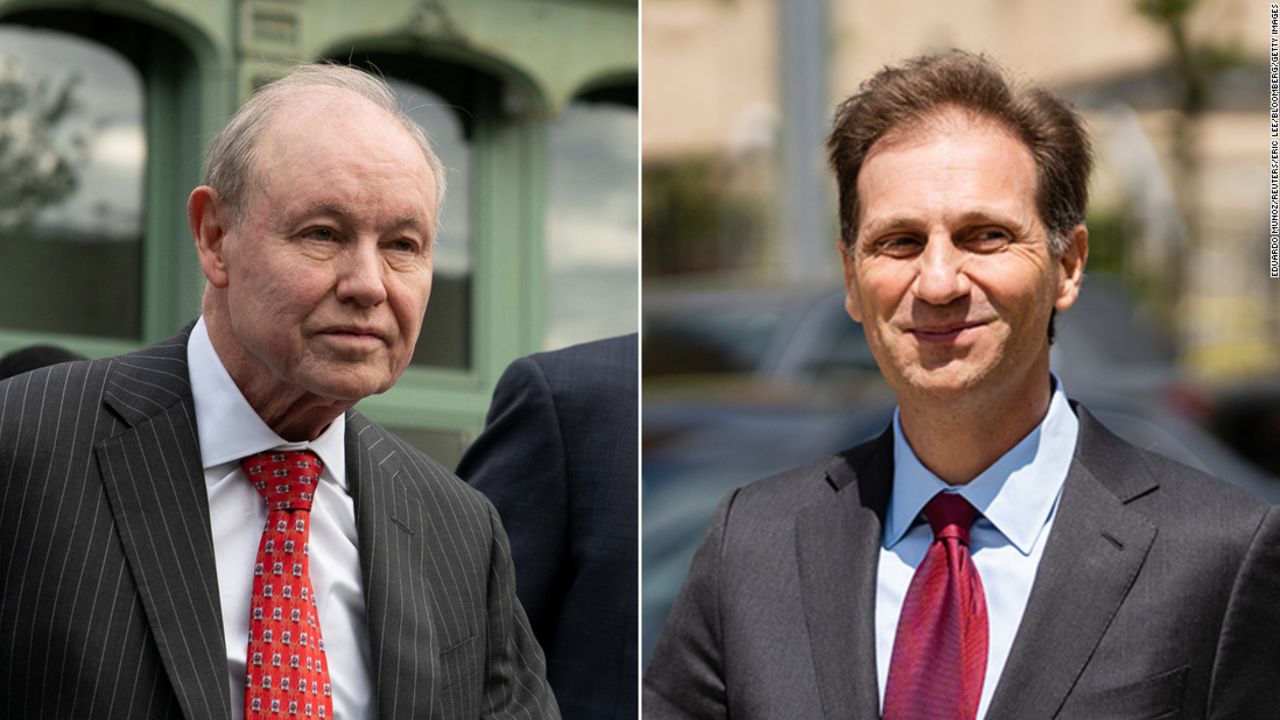 Fox News attorney Dan Webb (left) and Justin Nelson, attorney for Dominion Voting Systems (right), as they arrived with their legal teams outside of the Delaware Superior Court in Wilmington earlier Tuesday.