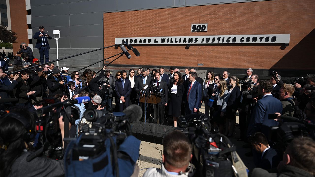 Justin Nelson, joined by fellow members of the Dominion Voting Systems legal team, speaks to members of the media outside the Leonard Williams Justice Center in Wilmington, Delaware, on April 18, 2023. - Vote machine maker Dominion and Fox News settled a defamation case over falsehoods about the 2020 presidential election aired on the conservative TV network, a US judge announced Tuesday. 