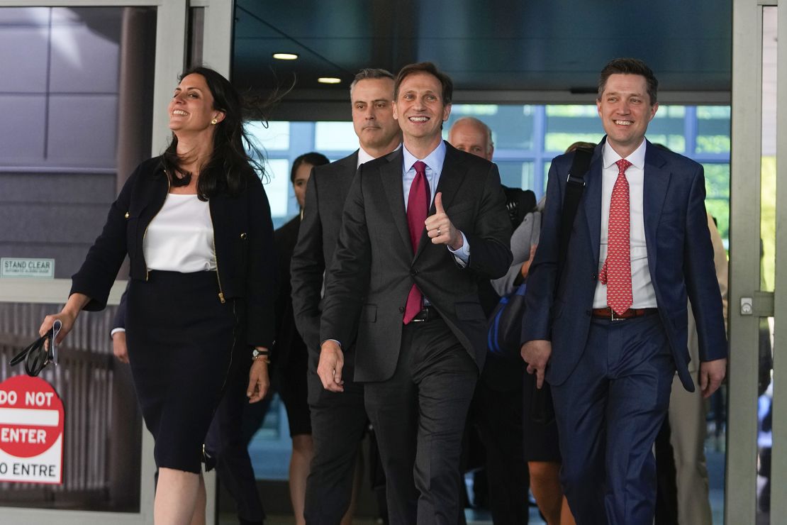 Attorneys representing Dominion Voting Systems, leave the New Castle County Courthouse in Wilmington, Del., after the defamation lawsuit by Dominion Voting Systems against Fox News was settled just as the jury trial was set to begin, Tuesday, April 18, 2023.